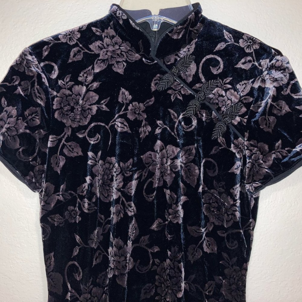 GORGEOUS Vintage DAVID WARREN Size 4 Black VELVET Etched FLORAL Asian Themed Zip